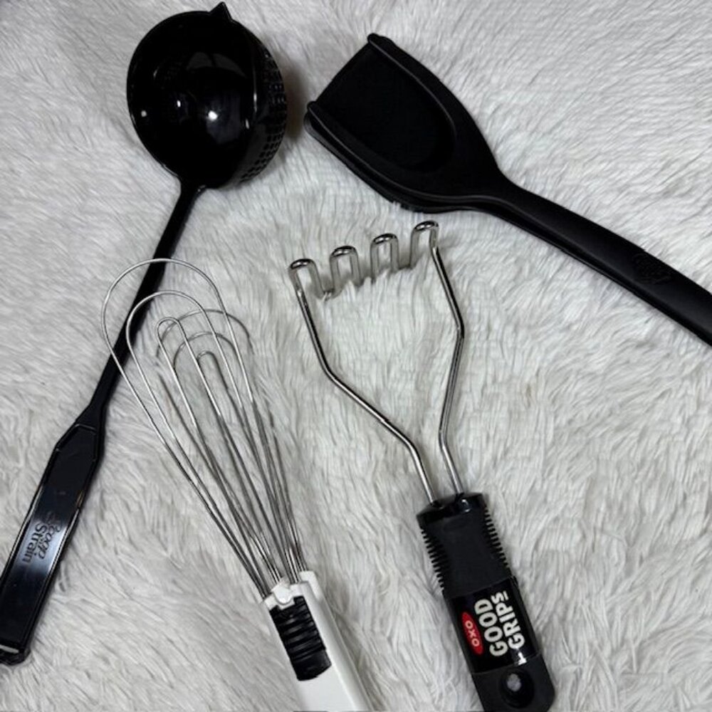 Vintage 4pc Kitchen Tools Set - Potato Masher Scoop Strain Grip n Flip Wisk Flip